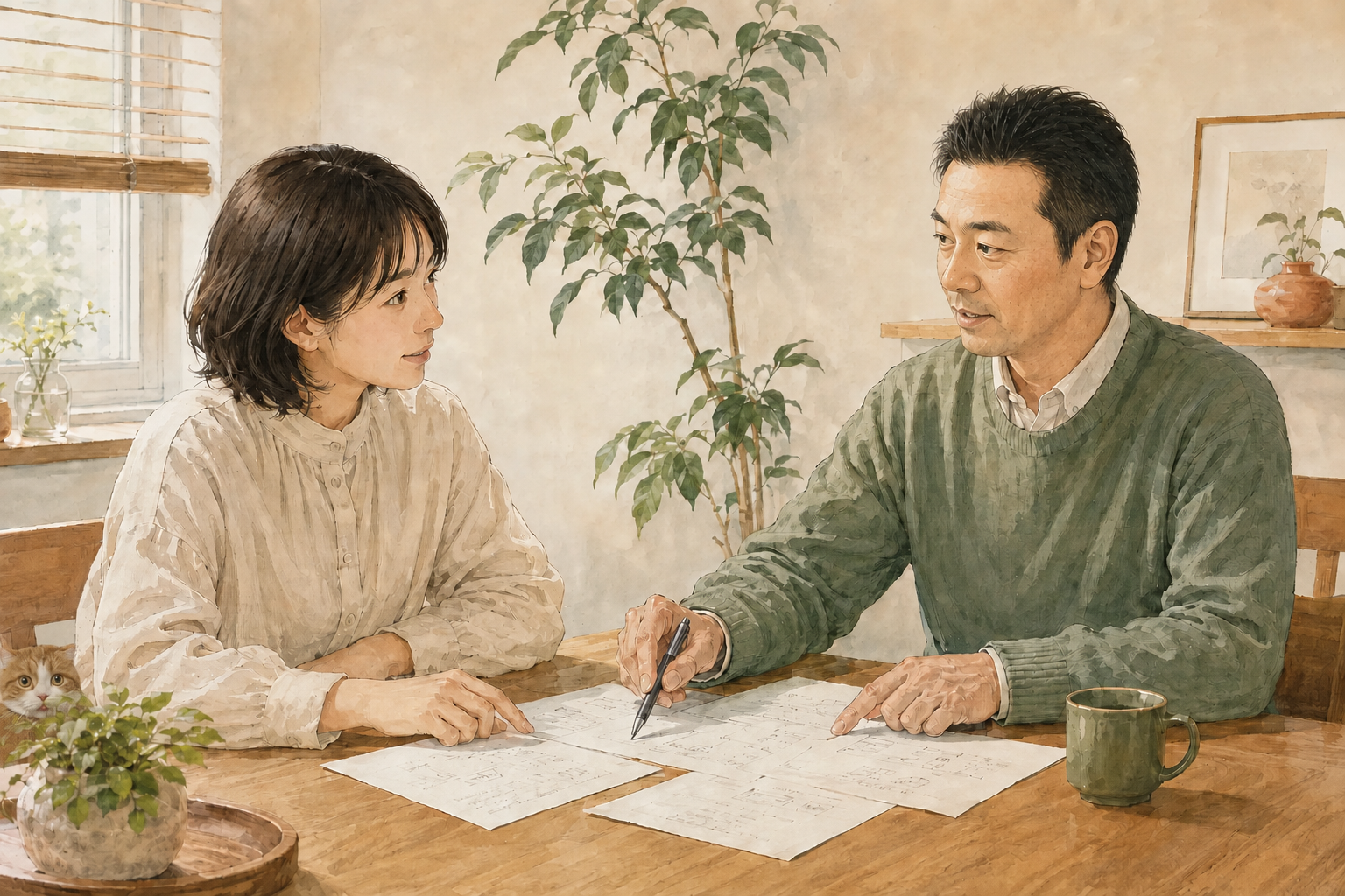 とらたが見守る中、相談者と相談員がテーブルで困りごとを整理する様子