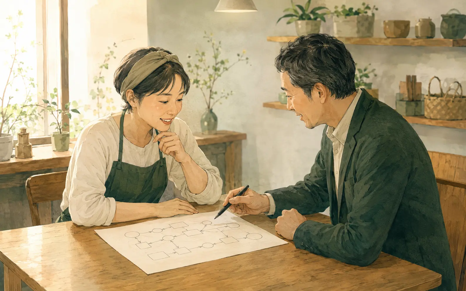 店舗や事業所で事業者と相談員が業務の流れを確認する様子